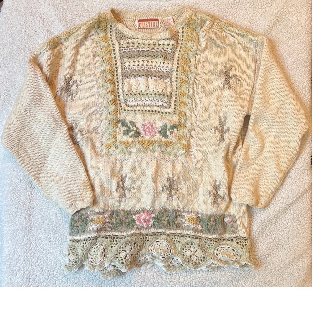 Cristina Vintage Hand Stitched Floral Crochet Trim Knit Sweater Cream Pastel M